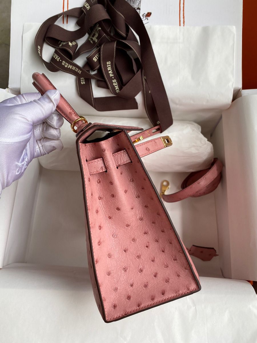 Hermes Kelly Sellier 25 Handmade Bag In Terre Cuite Ostrich Leather - Image 6