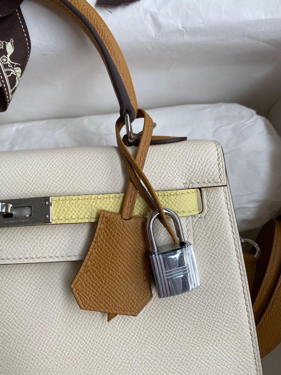 Hermes Kelly Sellier 25 Tricolor Bag in Craie/Sesame/Yellow Epsom Calfskin - Image 4