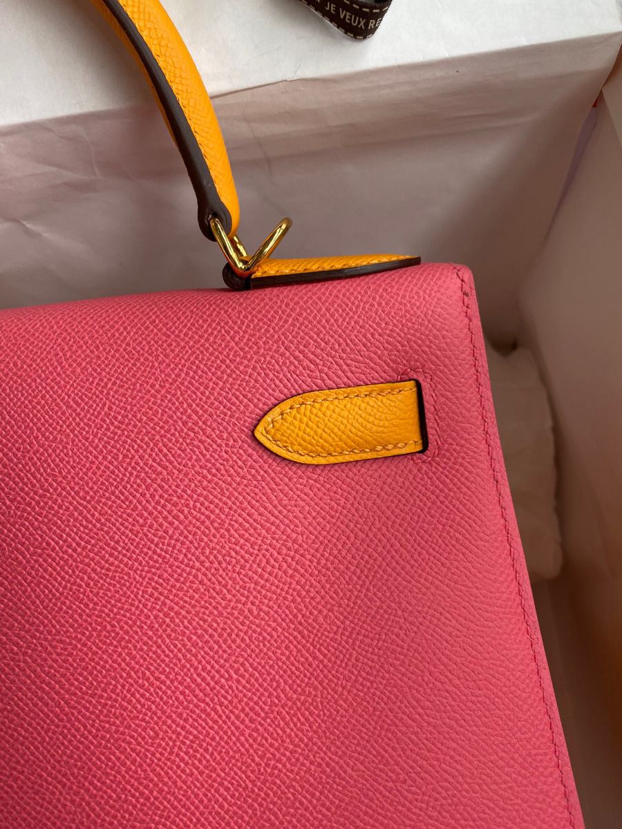 Hermes Kelly Sellier 28 Bicolor Bag in Rose Lipstick and Yellow Epsom Calfskin - Image 5