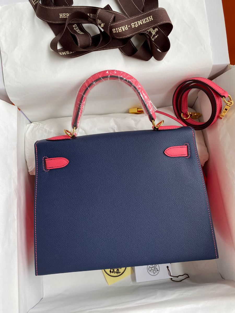 Hermes Kelly Sellier 28 Bicolor Bag in Blue Saphir and Rose Lipstick Epsom Calfskin - Image 3