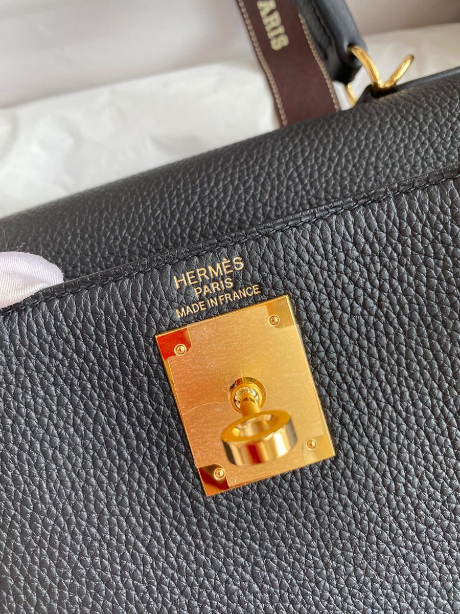 Hermes Kelly Retourne 28 Handmade Bag In Black Clemence Leather - Image 8