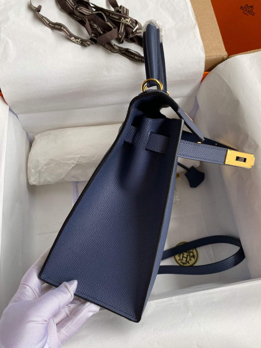 Hermes Kelly Sellier 28 Handmade Bag In Blue Saphir Epsom Calfskin - Image 6