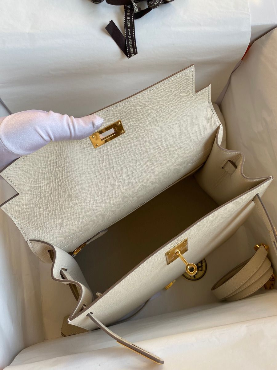 Hermes Kelly Sellier 28 Handmade Bag In Craie Epsom Calfskin - Image 9