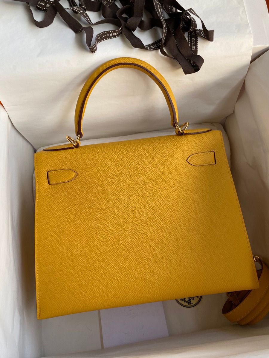 Hermes Kelly Sellier 28 Handmade Bag In Jaune Ambre Epsom Calfskin - Image 3