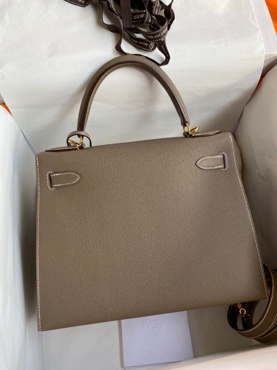 Hermes Kelly Sellier 28 Handmade Bag In Taupe Epsom Calfskin - Image 3