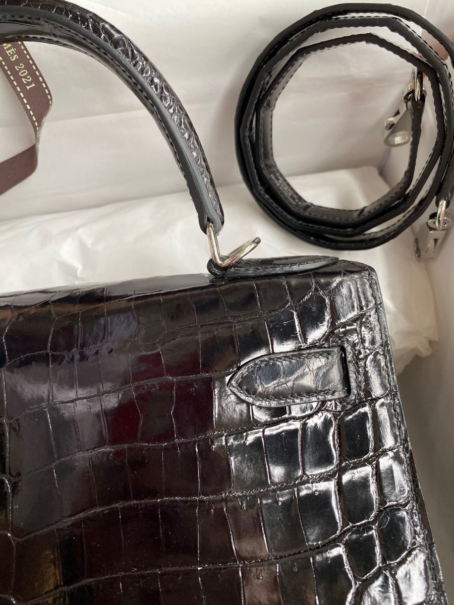 Hermes Kelly Sellier 28 Handmade Bag In Black Crocodile Niloticus Shiny Skin - Image 5