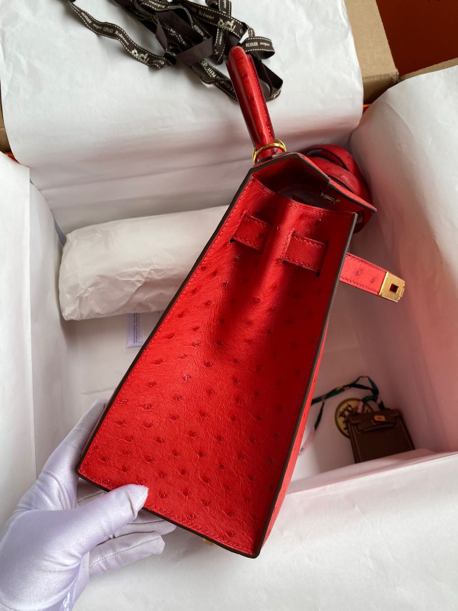 Hermes Kelly Sellier 28 Handmade Bag In Red Ostrich Leather - Image 7