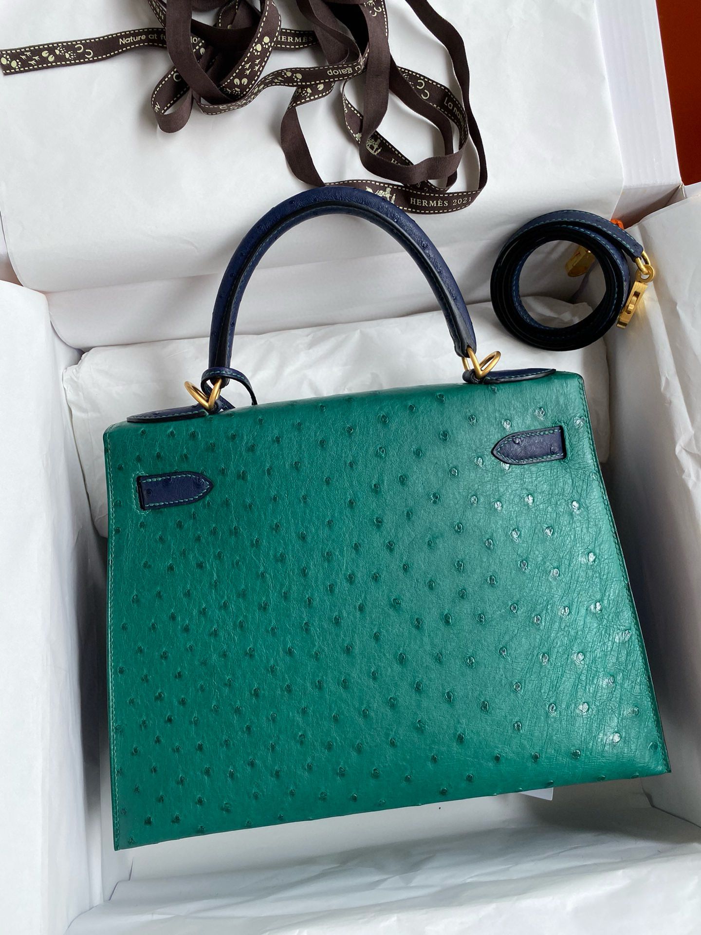 Hermes HSS Kelly 28 Bicolor Bag in Vert Vertigo and Blue Iris Ostrich Leather - Image 3