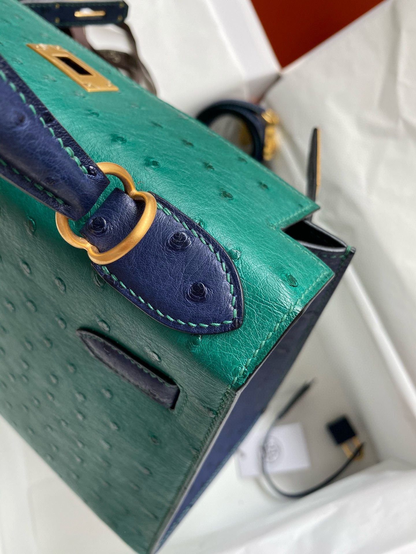 Hermes HSS Kelly 28 Bicolor Bag in Vert Vertigo and Blue Iris Ostrich Leather - Image 7
