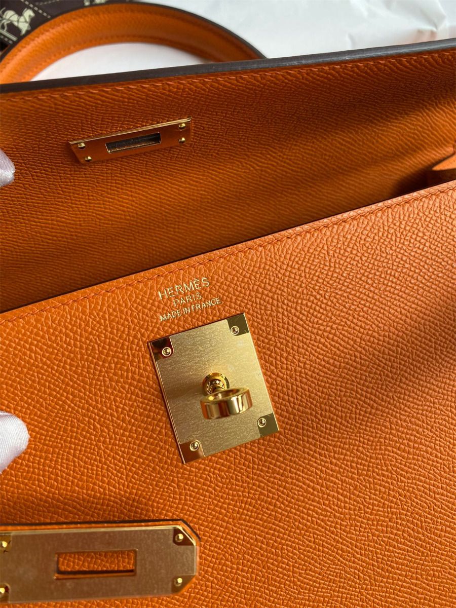 Hermes Kelly Sellier 32 Handmade Bag In Orange Epsom Calfskin - Image 8