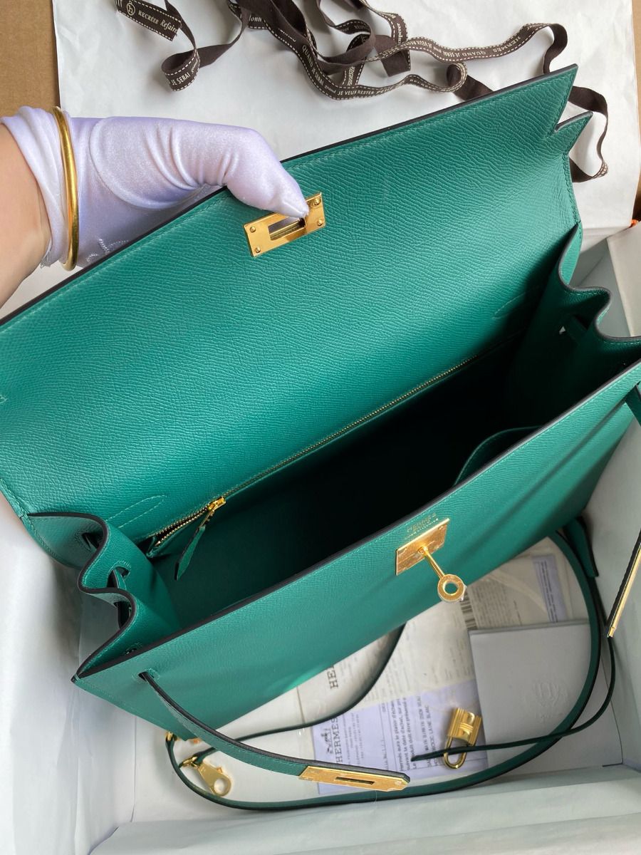 Hermes Kelly Sellier 35 Handmade Bag In Malachite Epsom Calfskin - Image 8