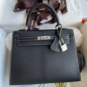 Hermes Kelly Sellier 25 Verso Handmade Bag in Black Mysore Chevre Goatskin