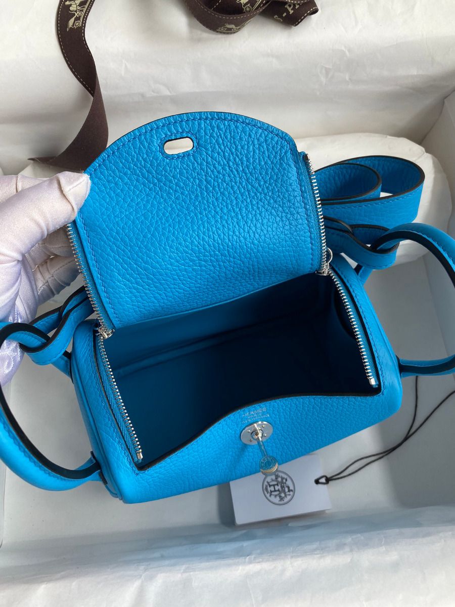 Hermes Mini Lindy Handmade Bag In Blue Frida Clemence Leather - Image 7