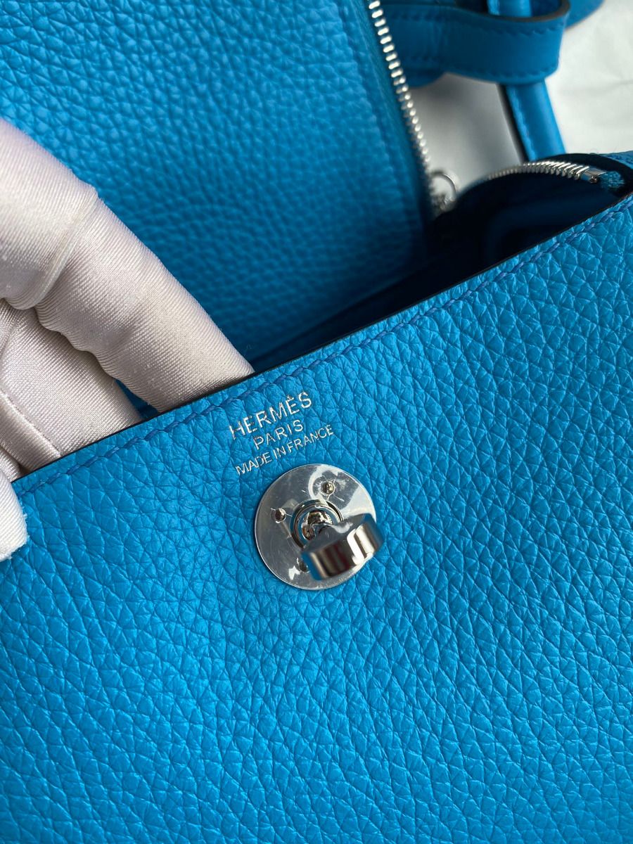 Hermes Mini Lindy Handmade Bag In Blue Frida Clemence Leather - Image 8
