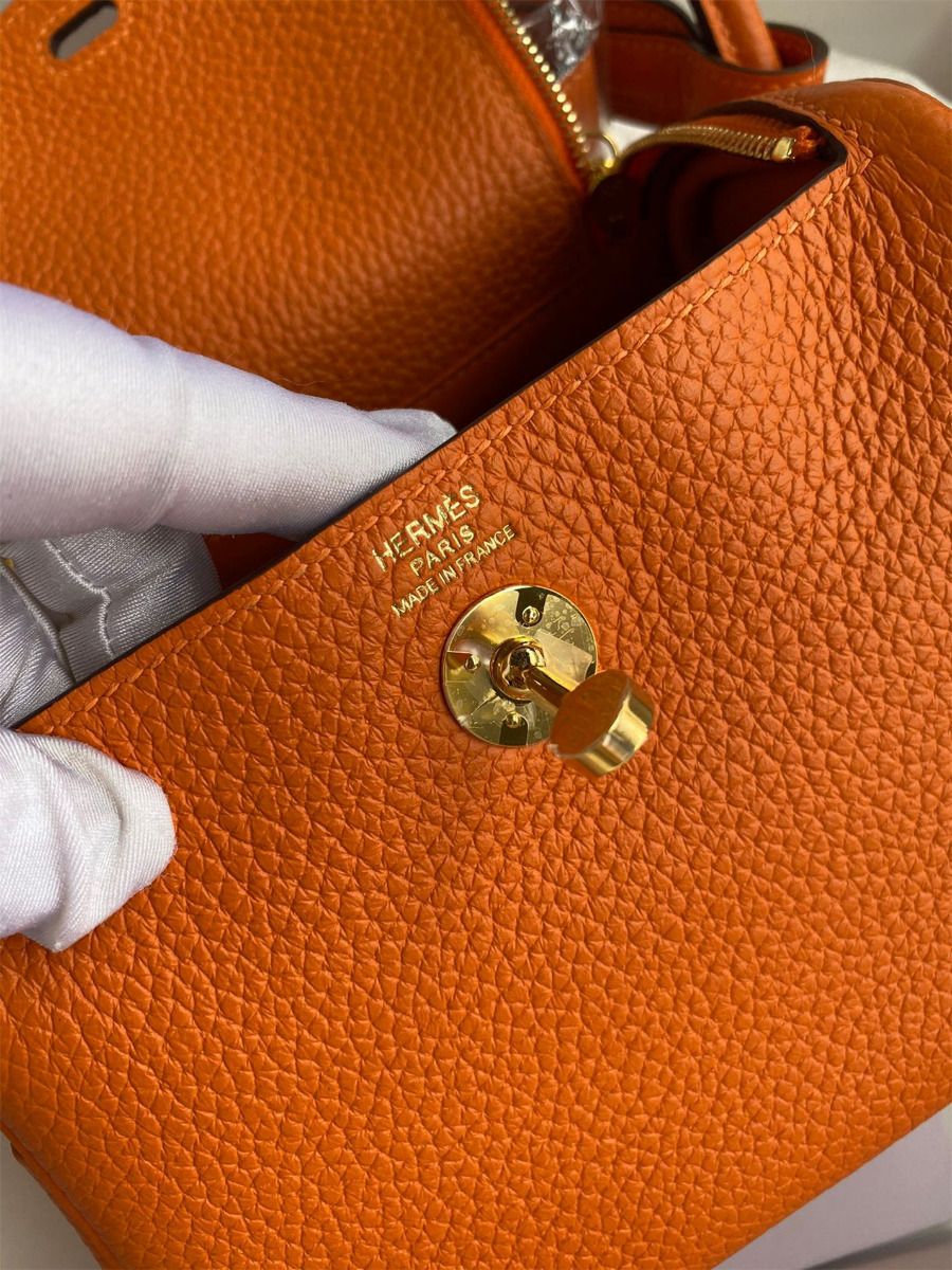 Hermes Mini Lindy Handmade Bag In Orange Clemence Leather - Image 8