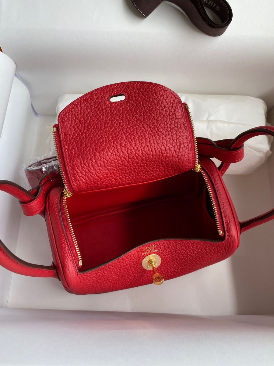Hermes Mini Lindy Handmade Bag In Red Clemence Leather - Image 7