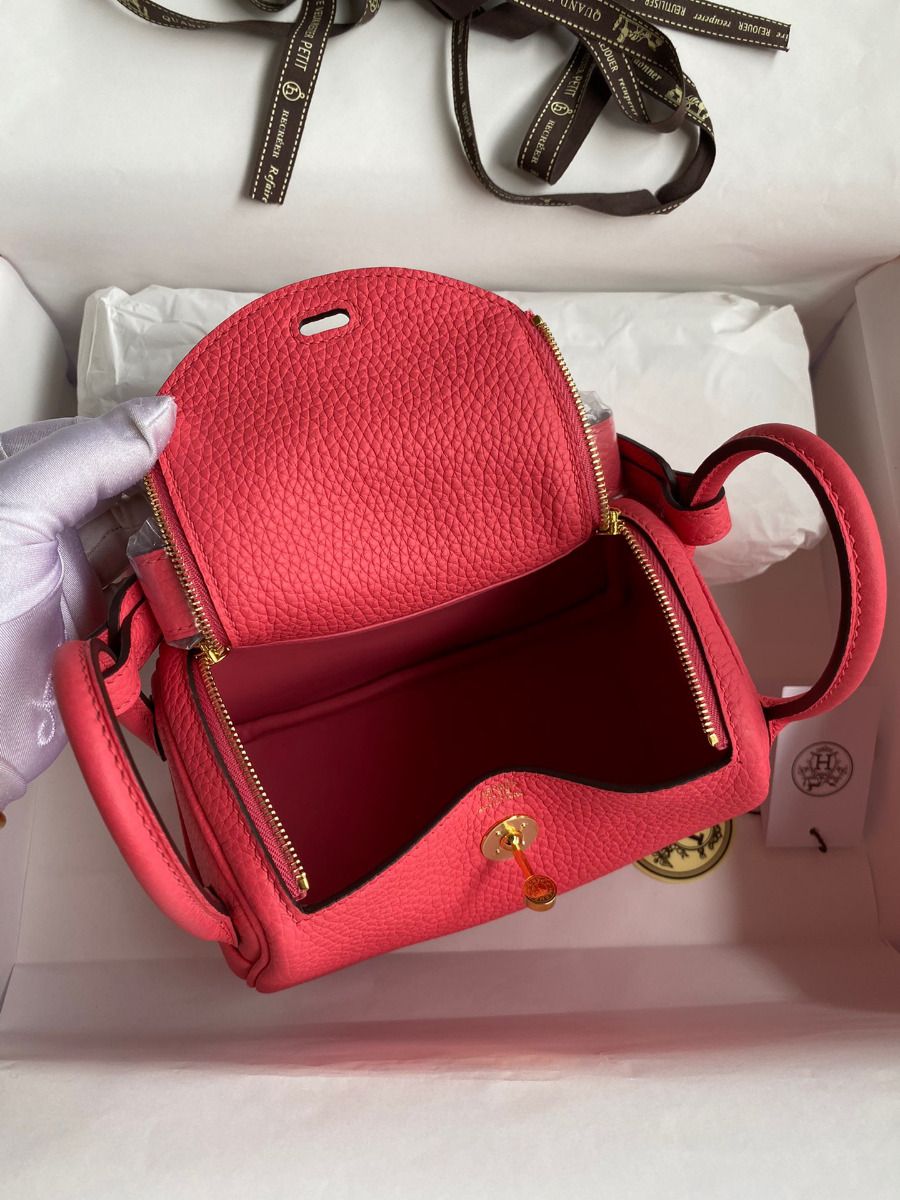 Hermes Mini Lindy Handmade Bag In Rose Lipstick Clemence Leather - Image 7