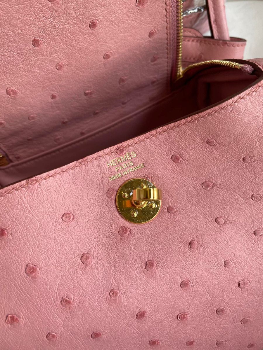 Hermes Mini Lindy Handmade Bag In Rose Sakura Ostrich Leather - Image 9