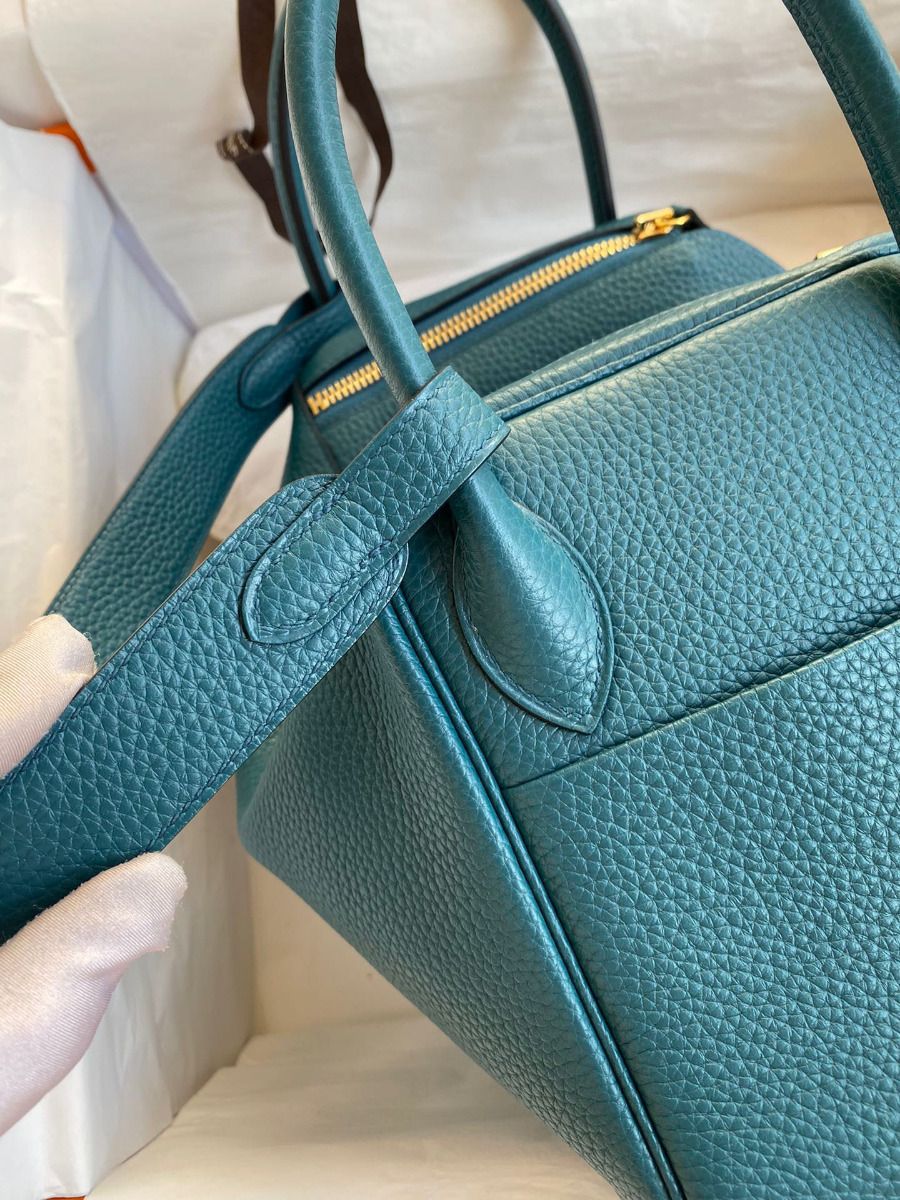 Hermes Lindy 30 Handmade Bag In Vert Bosphore Clemence Leather - Image 5