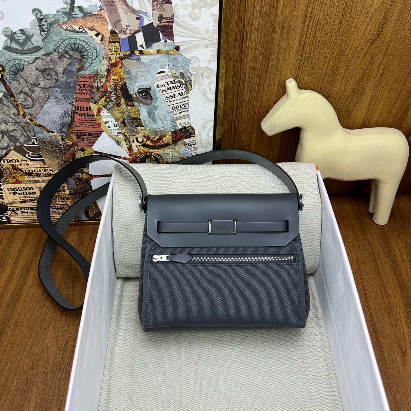 Hermes Herbag Zip 20 Bag in Canvas and Ardoise Hunter Calfskin - Image 3