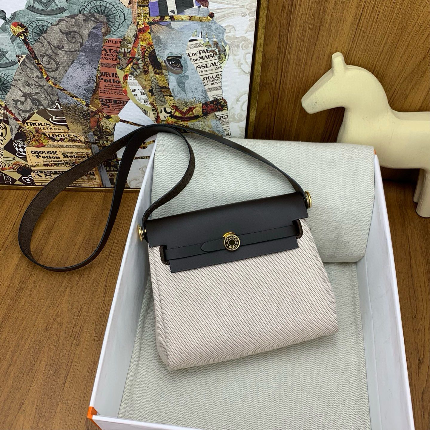 Hermes Herbag Zip 20 Bag in Canvas and Ebene Hunter Calfskin - Image 4