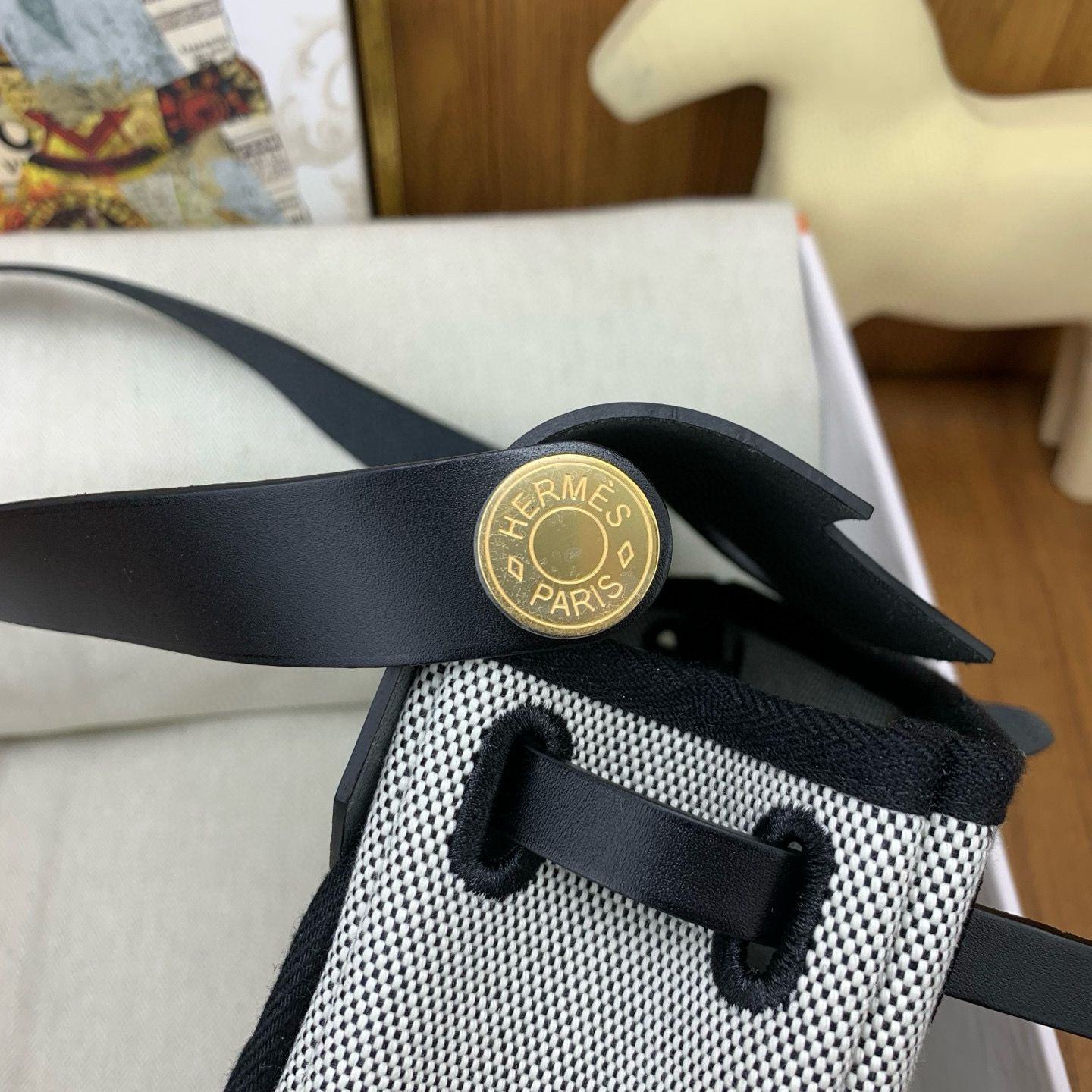 Hermes Herbag Zip 20 Bag in Grey Canvas and Black Hunter Calfskin - Image 8