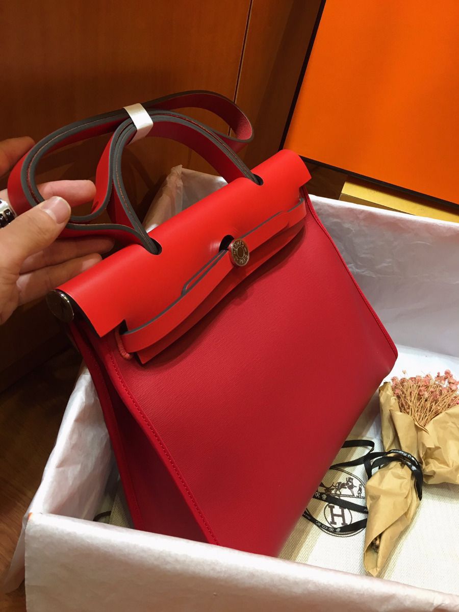 Hermes Herbag Zip 31cm Bag In Red Toile And Leather - Image 4