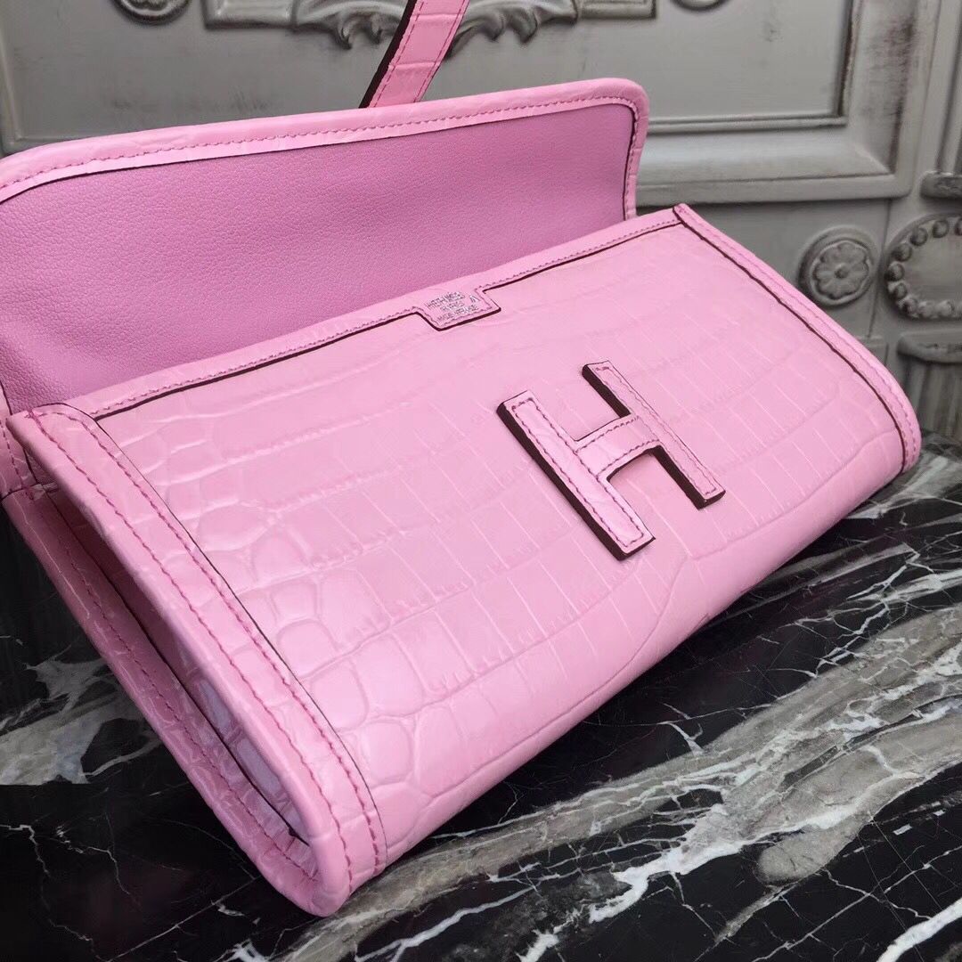 Hermes Jige Elan 29 Clutch In Pink Crocodile Leather - Image 8