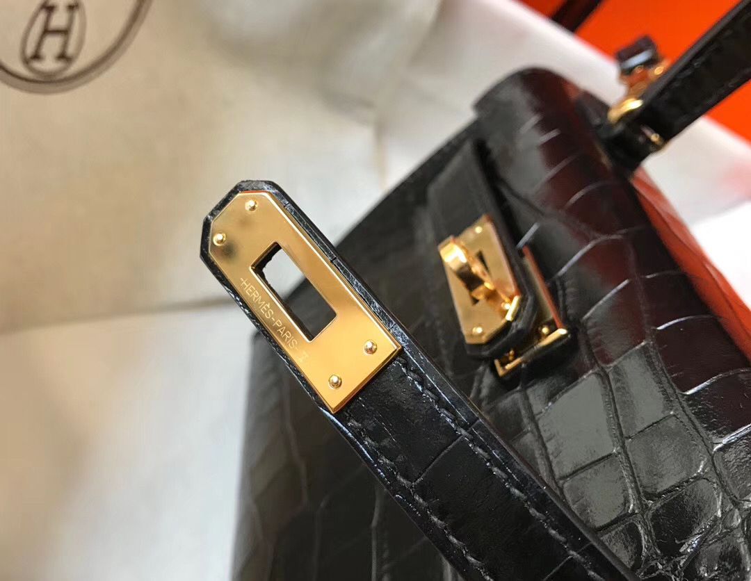 Hermes Kelly Mini II Handmade Bag In Black Crocodile Embossed Leather - Image 8