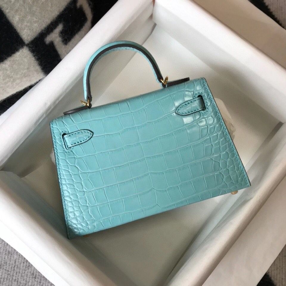 Hermes Kelly Mini II Bag In Blue Atoll Embossed Crocodile Leather - Image 3