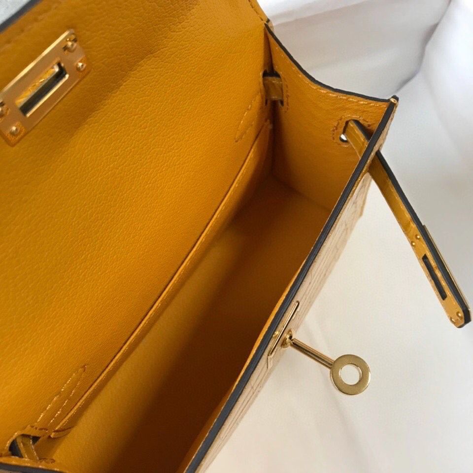 Hermes Kelly Mini II Bag In Yellow Embossed Crocodile Leather - Image 9