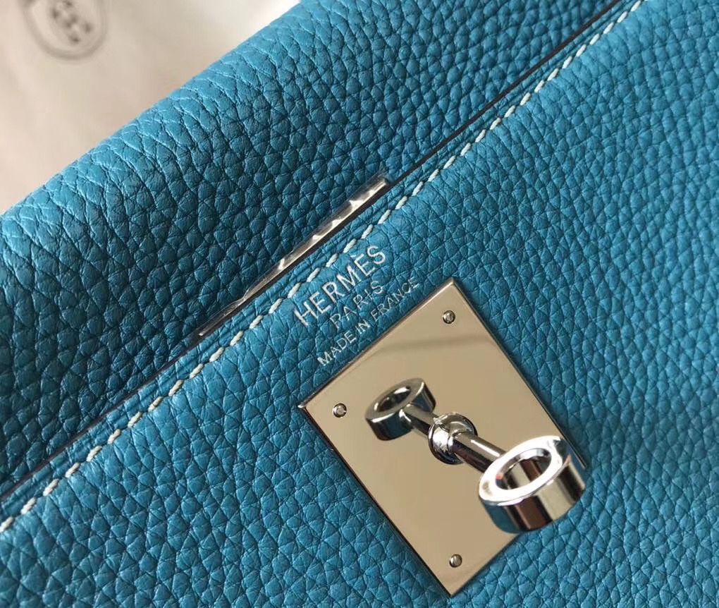 Hermes Kelly 25cm Retourne Bag In Blue Jean Clemence Leather - Image 8