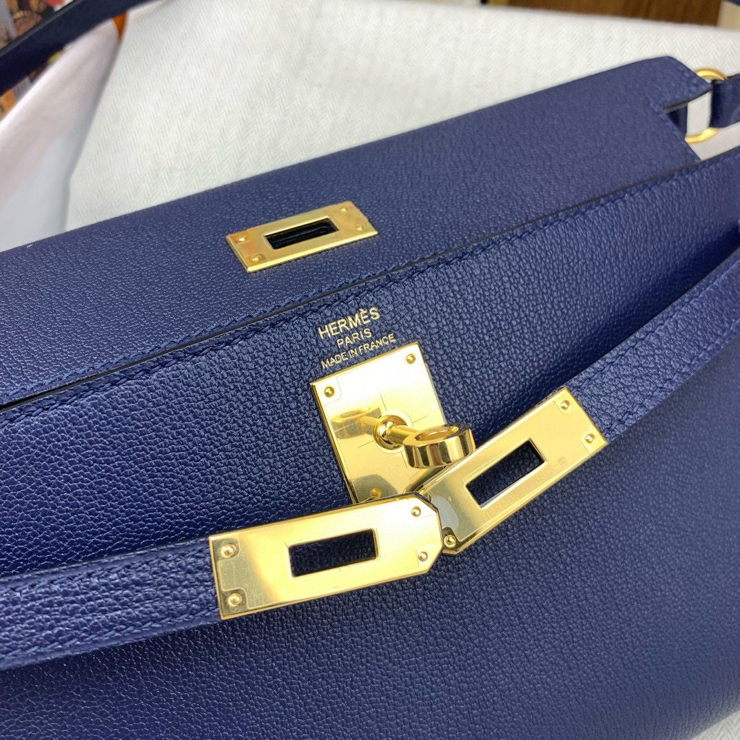 Hermes Kelly Elan Handmade Bag In Blue Saphir Chevre Mysore Leather - Image 7