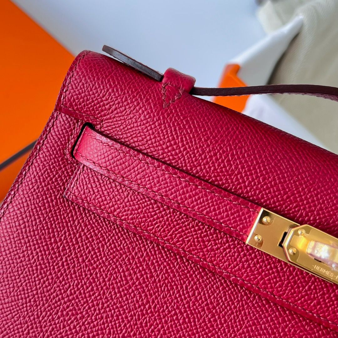 Hermes Kelly Pochette Handmade Bag In Rouge Grenat Epsom Calfskin - Image 5