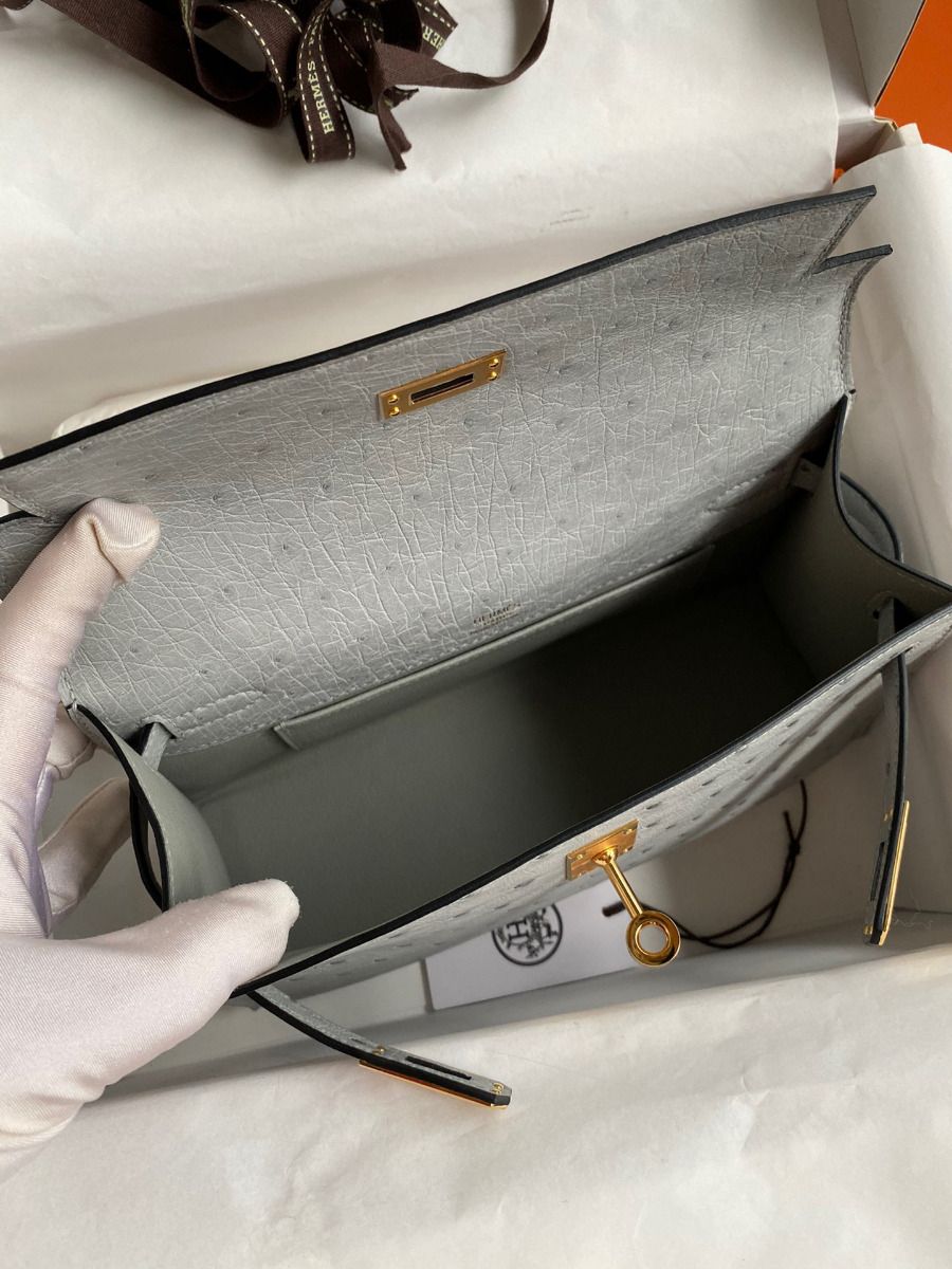 Hermes Kelly Pochette Handmade Bag In Blue Glacier Ostrich Leather - Image 9