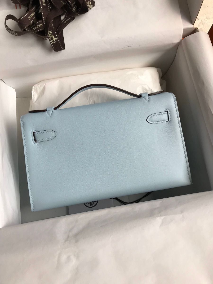 Hermes Kelly Pochette Handmade Bag In Blue Brume Swift Calfskin - Image 3