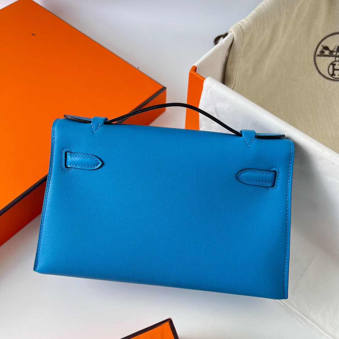 Hermes Kelly Pochette Handmade Bag In Blue Frida Swift Calfskin - Image 4