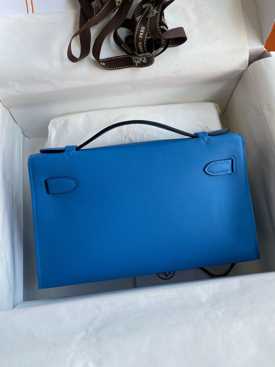 Hermes Kelly Pochette Handmade Bag In Blue Zanzibar Swift Calfskin - Image 3