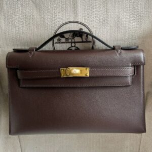 Hermes Kelly Pochette Handmade Bag in Ebene Swift Calfskin