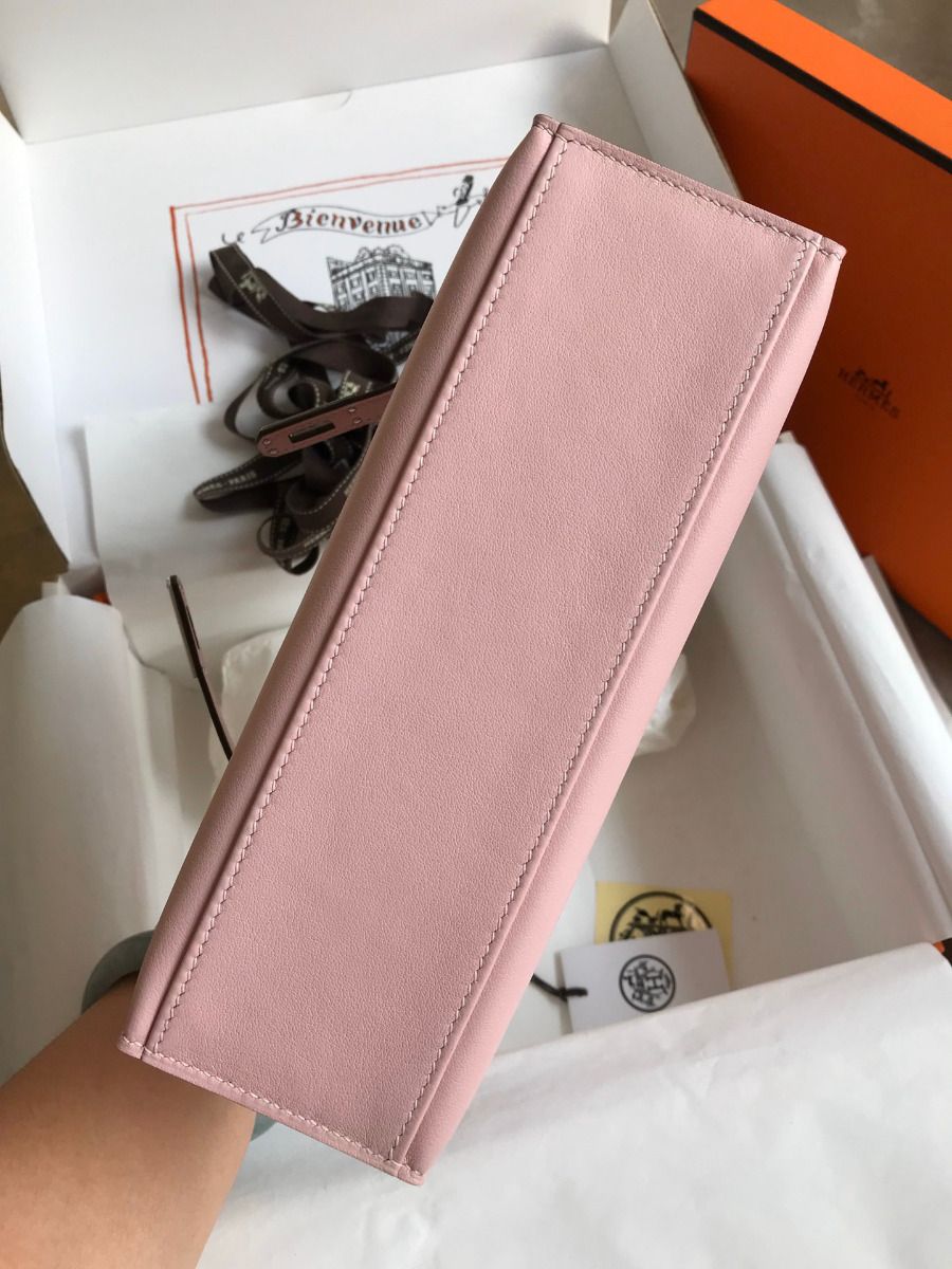 Hermes Kelly Pochette Handmade Bag In Rose Sakura Swift Calfskin - Image 5