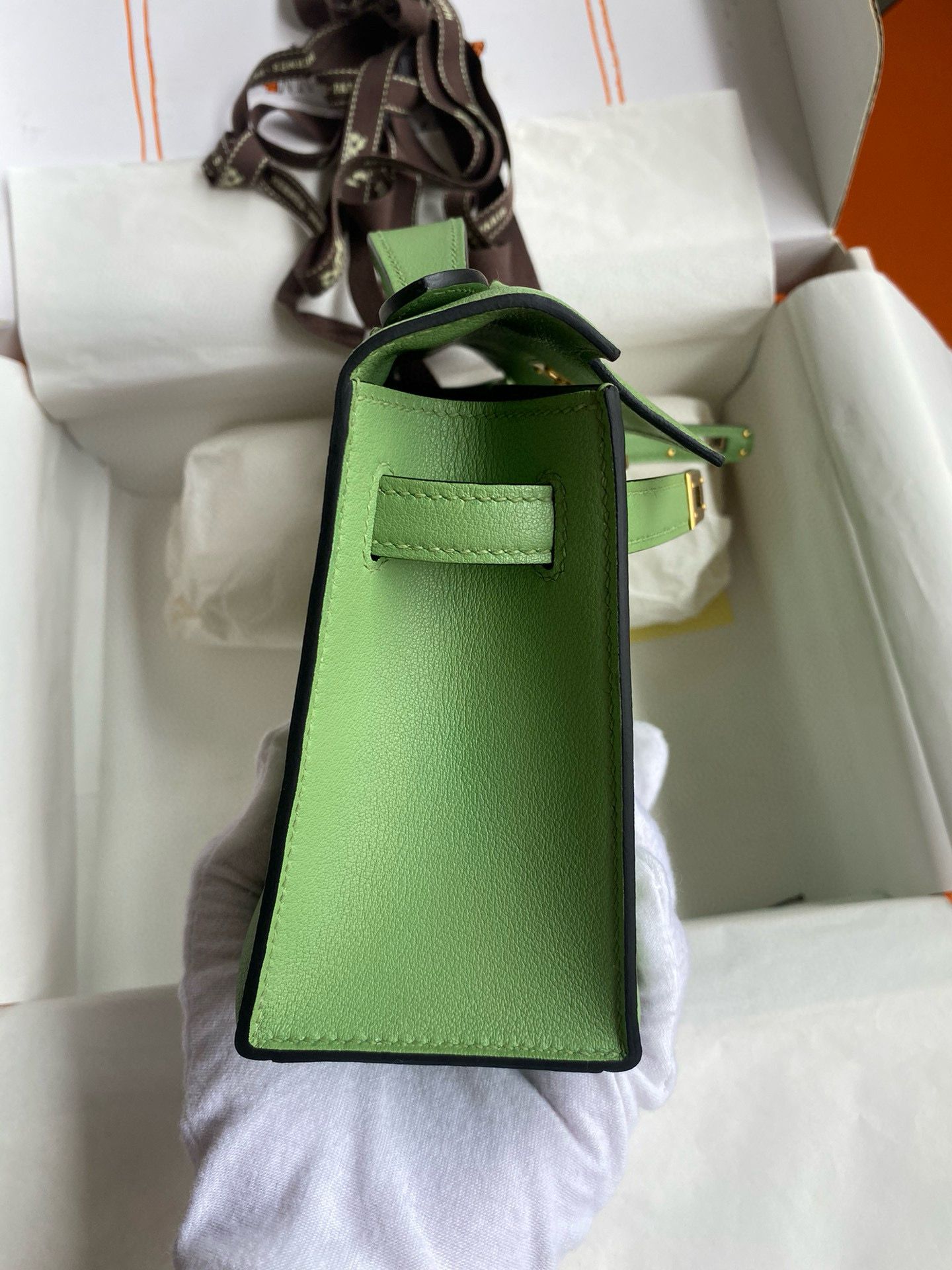 Hermes Kelly Pochette Handmade Bag in Vert Criquet Swift Calfskin - Image 8