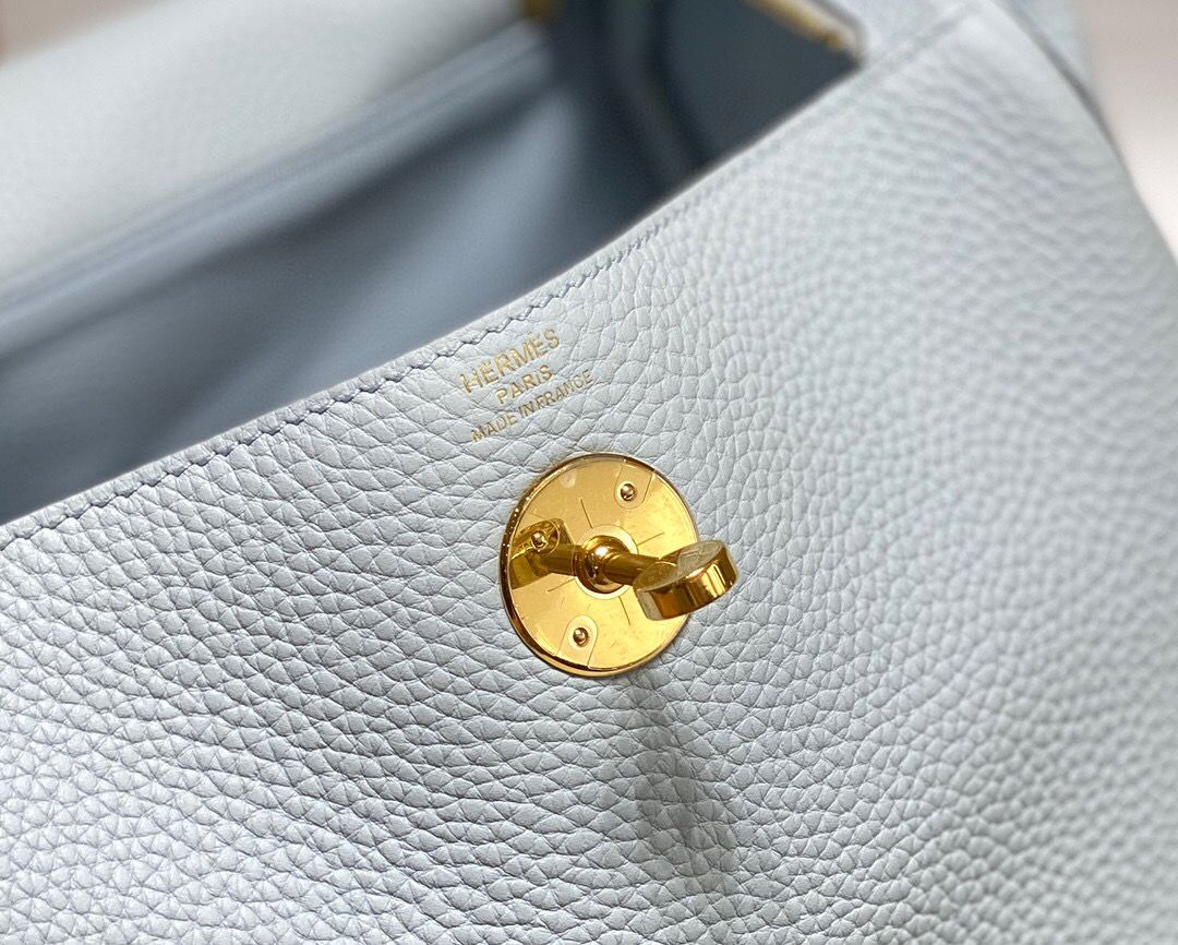 Hermes Lindy 26cm Bag In Blue Brume Clemence Leather GHW - Image 8