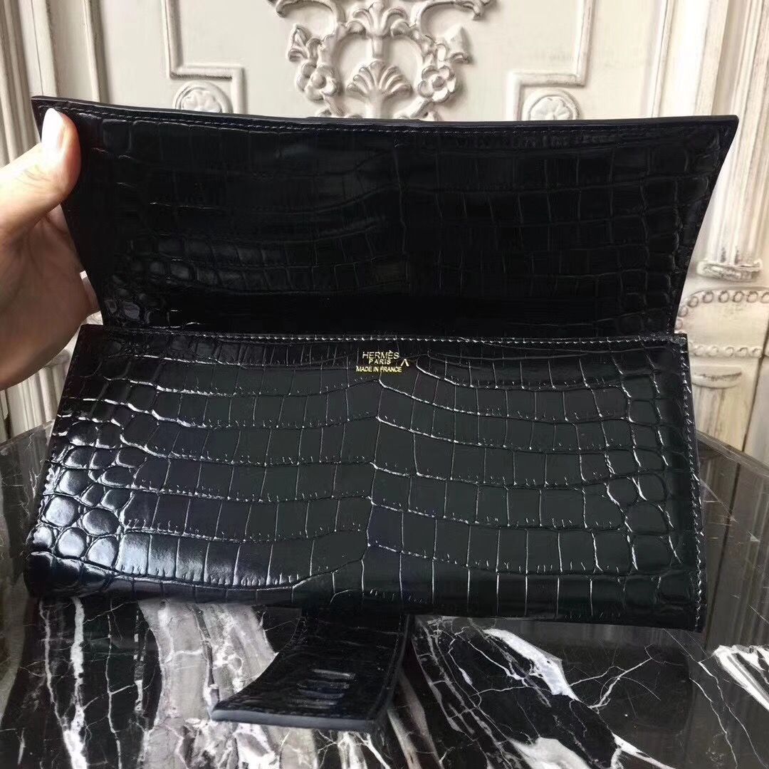 Hermes Medor Clutch Bag In Black Crocodile Leather - Image 7