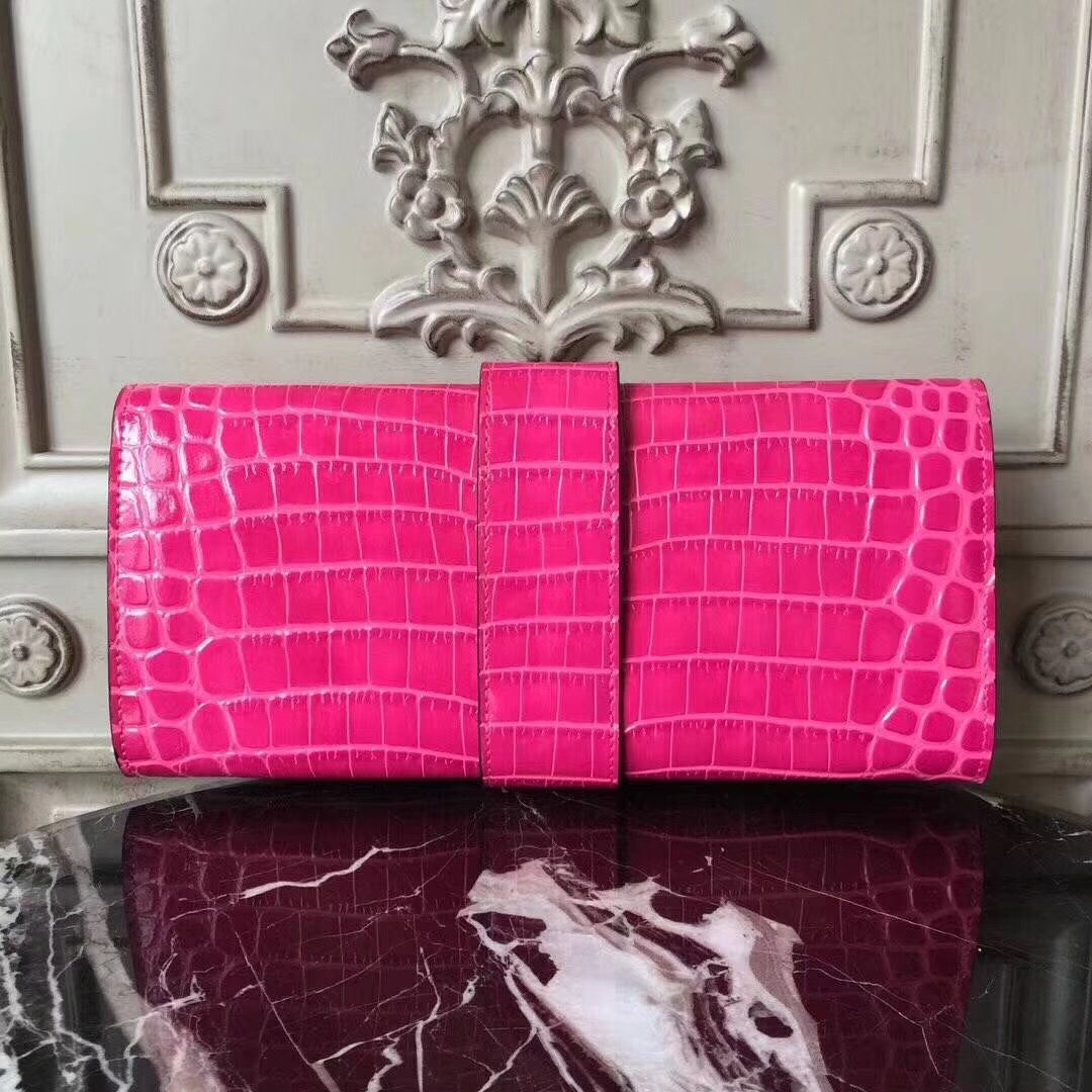 Hermes Medor Clutch Bag In Rose Red Crocodile Leather - Image 3