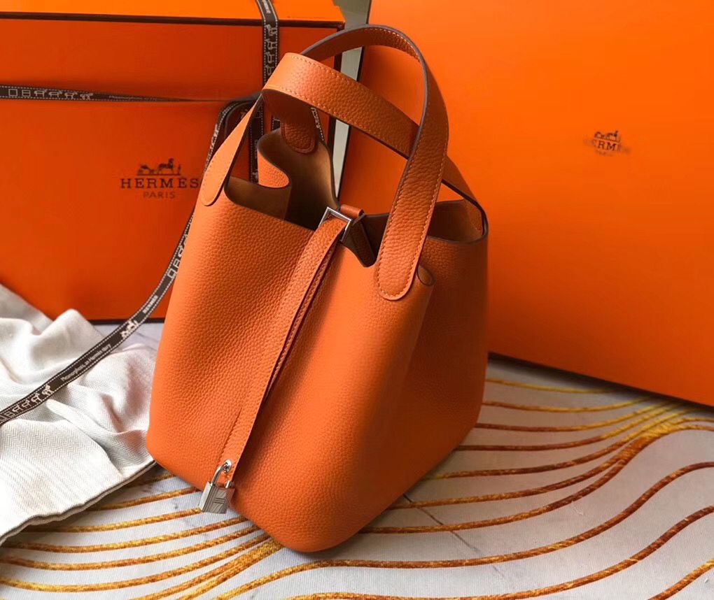 Hermes Picotin Lock 22 Bag In Orange Clemence Leather - Image 3