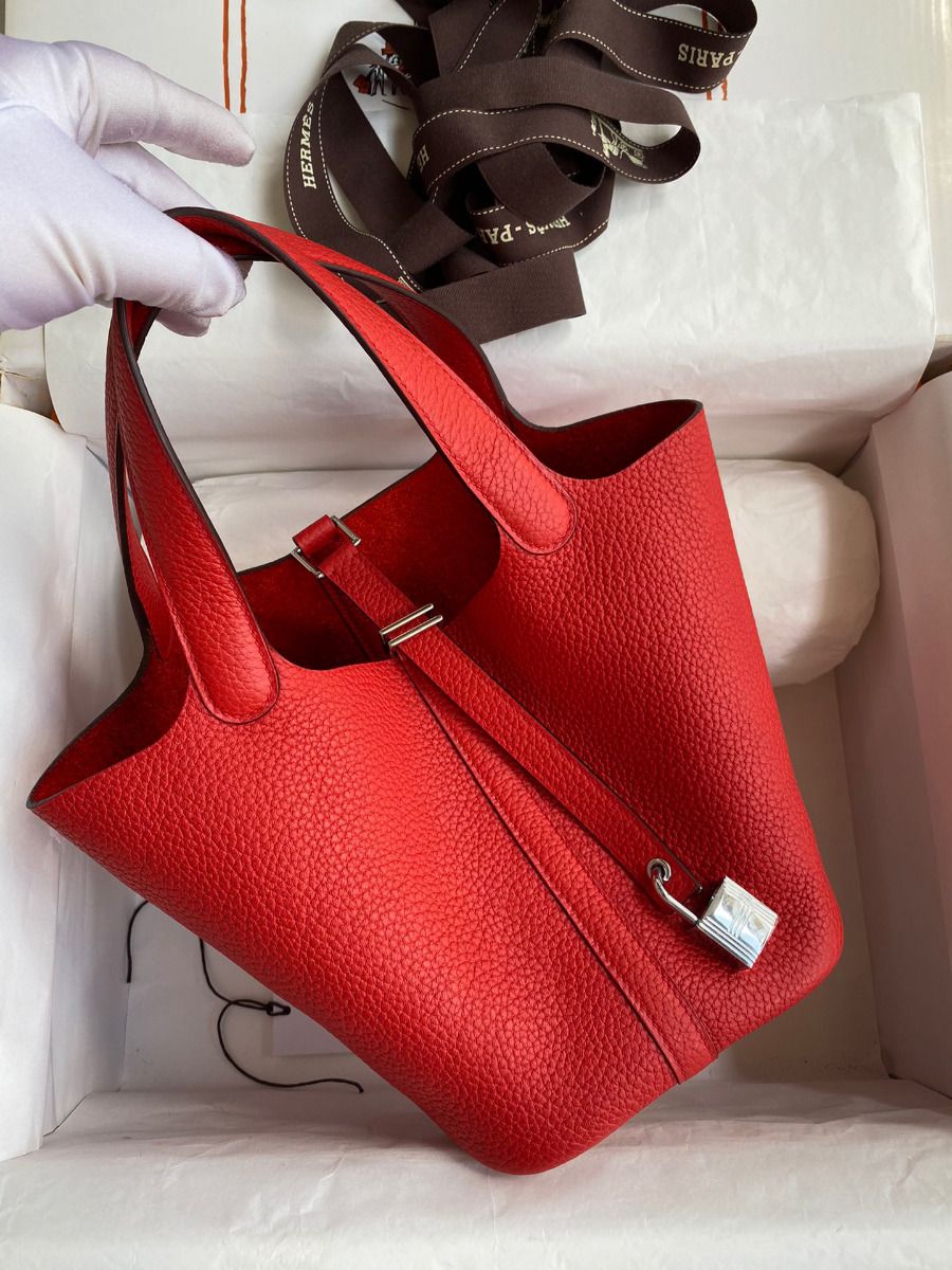 Hermes Picotin Lock 18 Handmade Bag in Red Clemence Leather - Image 3