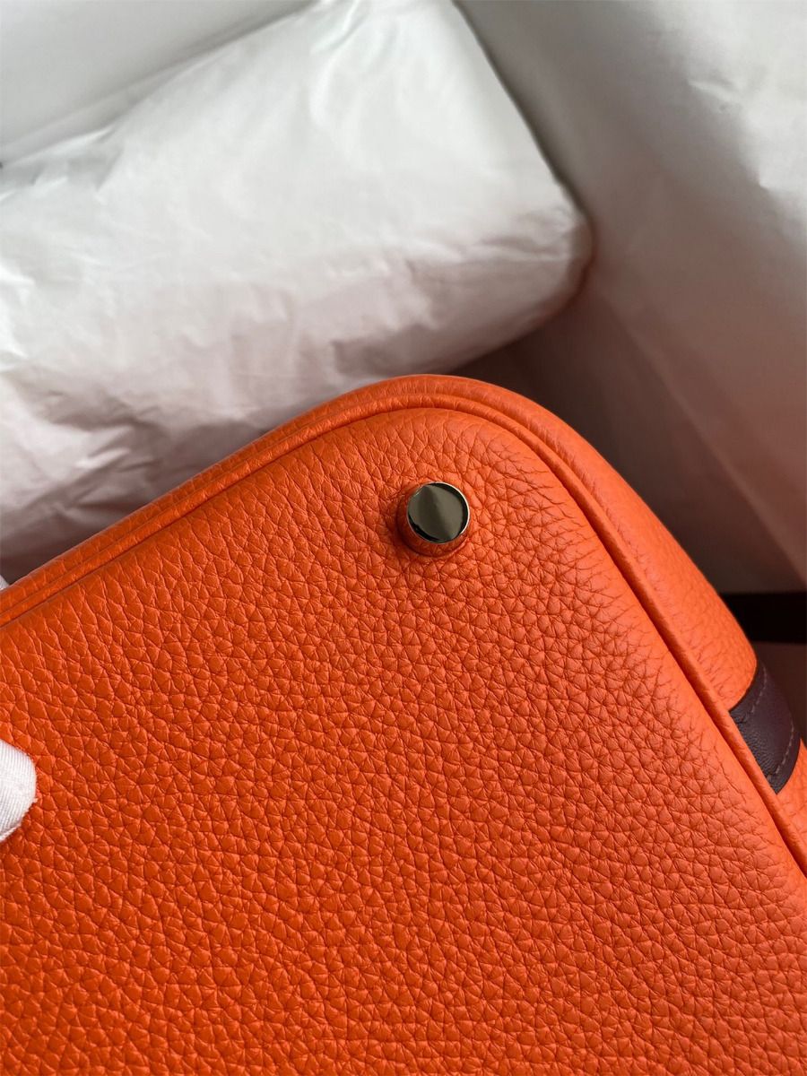 Hermes Picotin Lock 22 Bicolor Handmade Bag in Orange and Burgundy Swift Leather - Image 9
