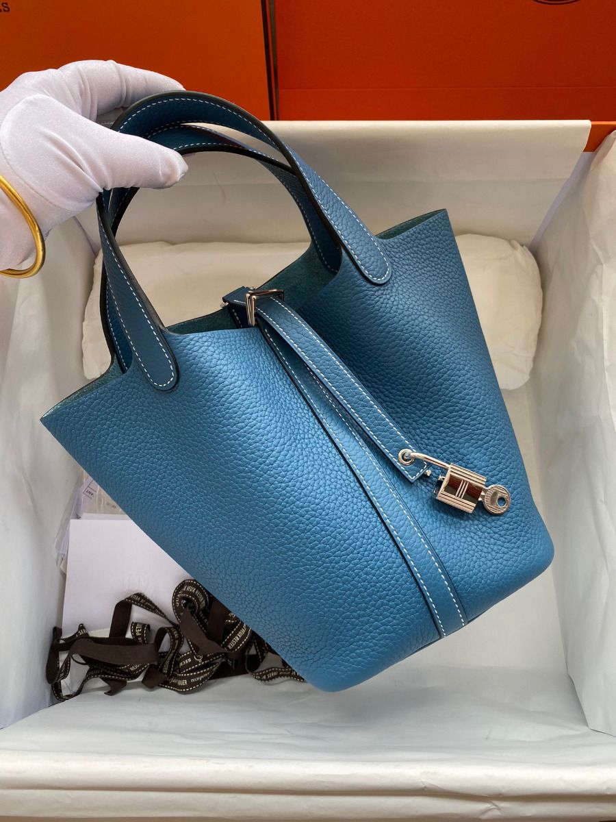 Hermes Picotin Lock 22 Handmade Bag in Blue Jean Clemence Leather - Image 3
