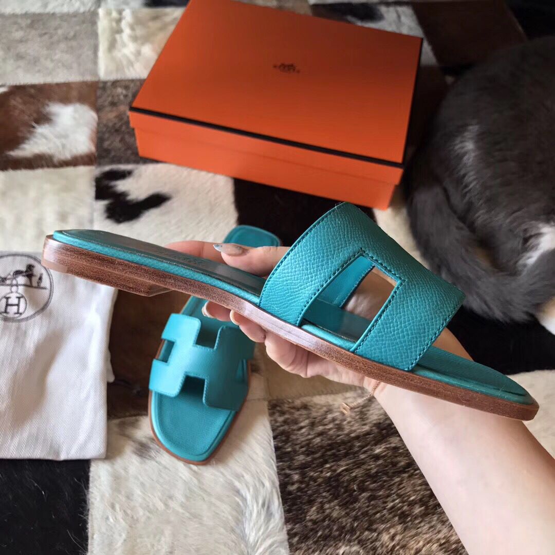 Hermes Oran Sandals In Blue Paon Epsom Leather - Image 3