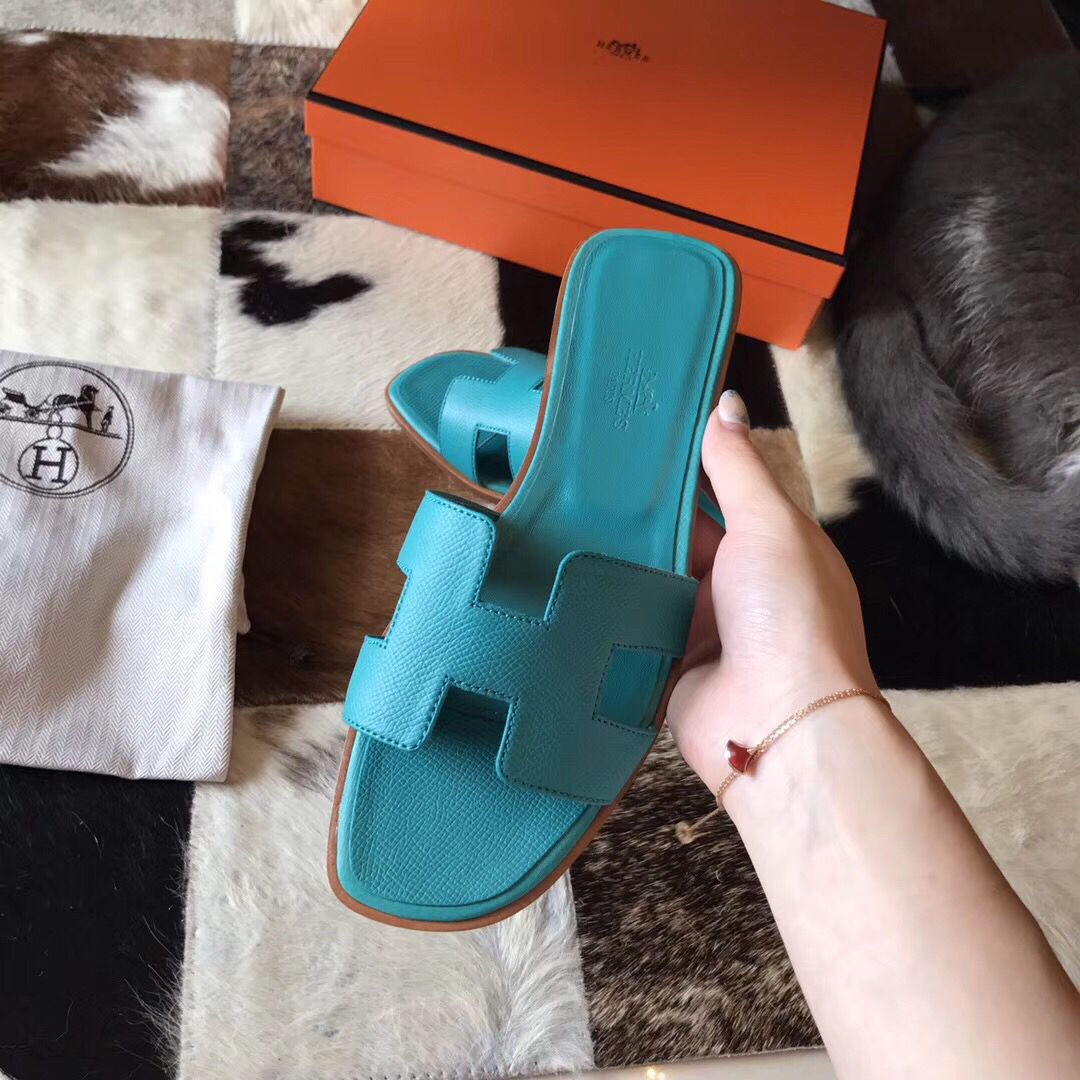 Hermes Oran Sandals In Blue Paon Epsom Leather - Image 6